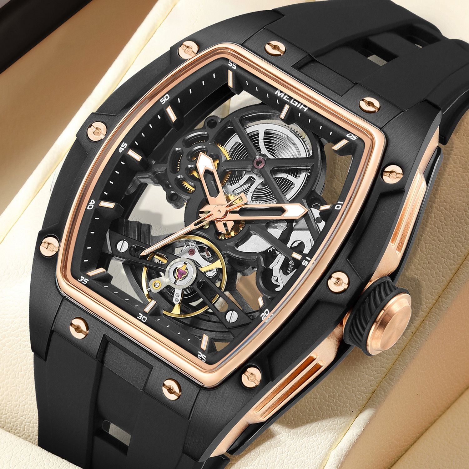MEGIR Original Fashion Men Watches Automatic Mechanical Watch Steel Case Sport Skeleton Dial Wristwatch Waterproof Clock Reloj Hombre 2242