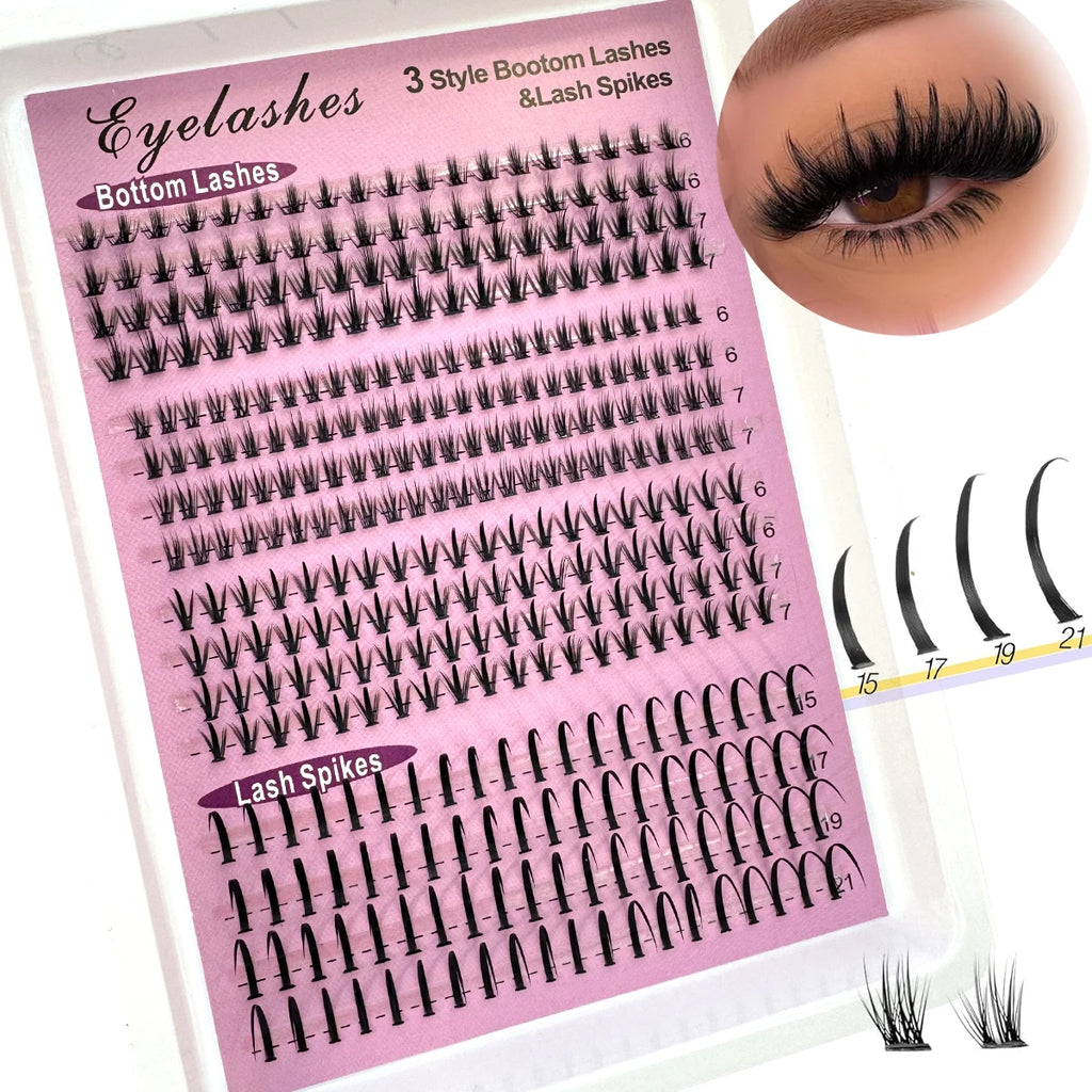 16Rows Bottom Lashes(6-7mm) and Spikes(15-21mm) Mix DIY Eyelash Extension Wispy Individual Lash Spikes Clusters DIY Lashes Tools