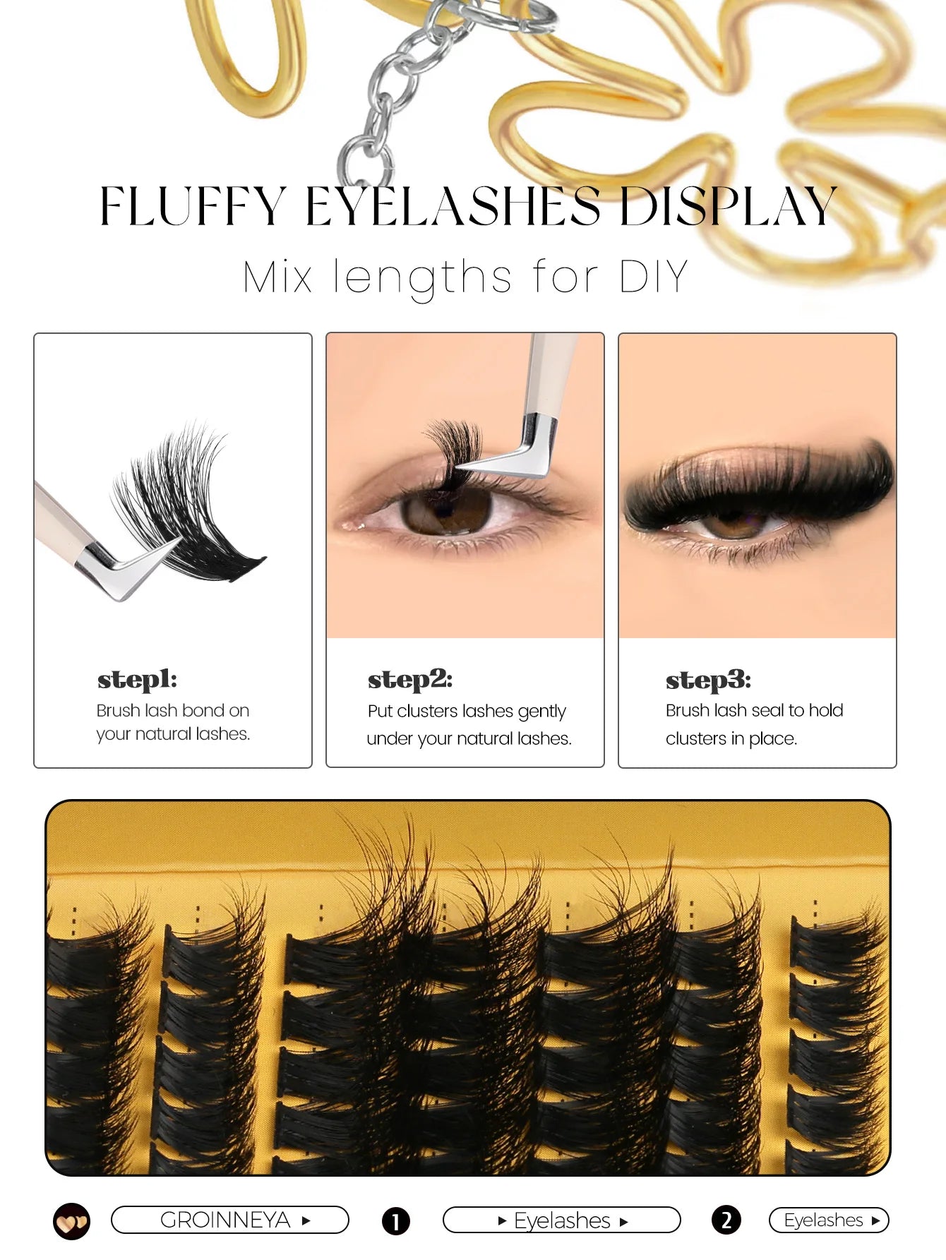 GROINNEYA Cluster Lashes DIY Eyelash Extension C Curl Long Individual Lashes Mixed Tray Faux Mink Lash Clusters Extensions